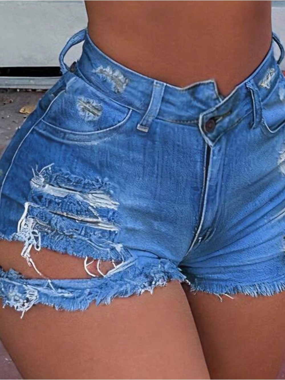 High-Rise Distressed Denim Shorts - Blue